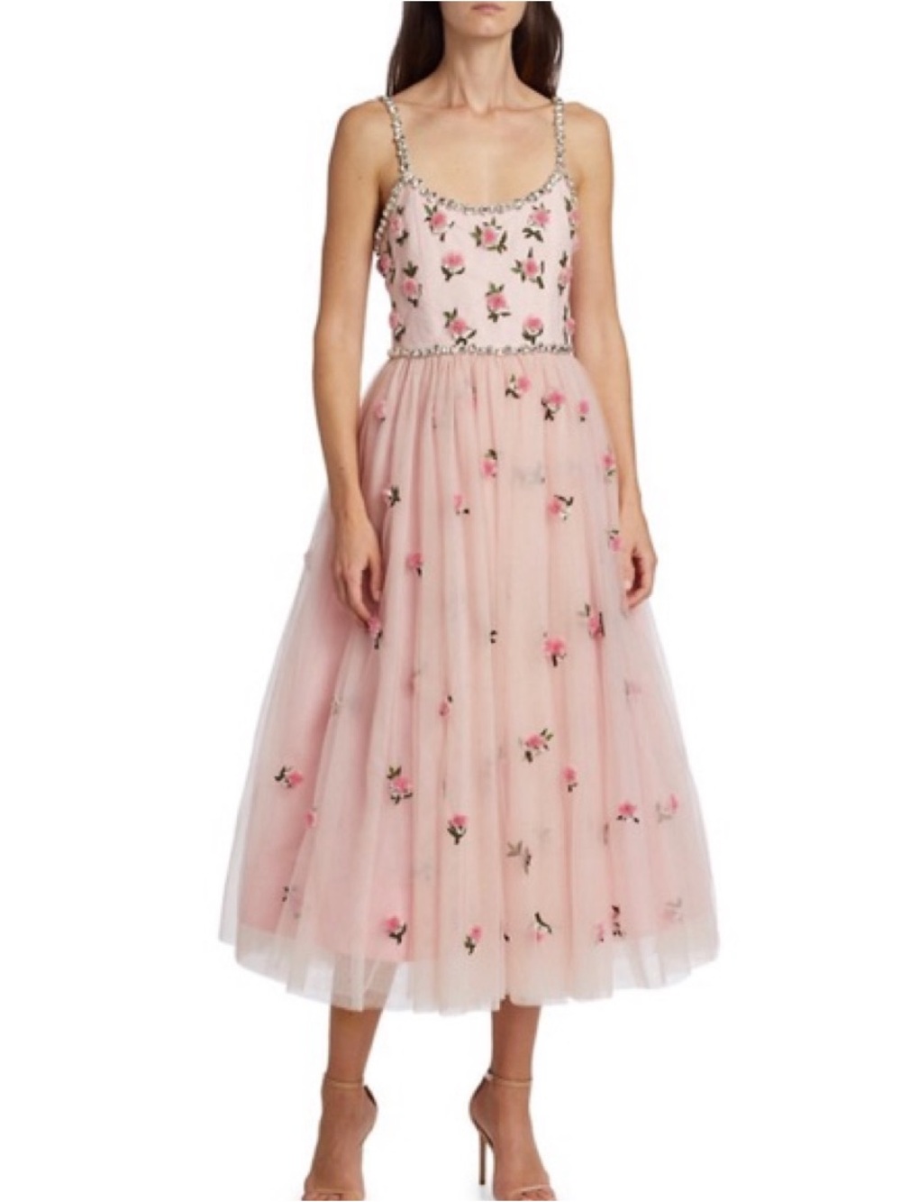 Alice & Olivia New Lupita Crystal Strap Embellished 3D Flowers Tulle Midi Gown 6 - Picture 9 of 16
